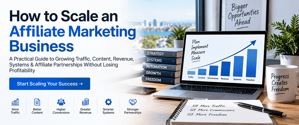 Affiliate marketing business scaling strategy showing traffic, content, conversions, revenue, systems, and growth