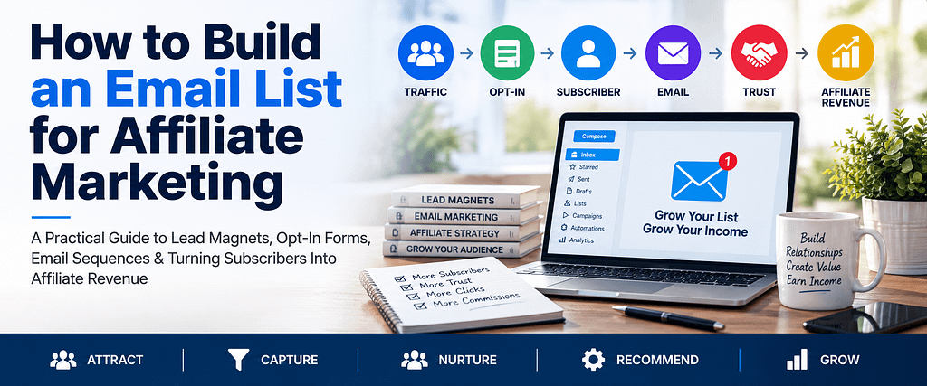 Email list building funnel for affiliate marketing showing traffic, opt-ins, subscribers, email, trust, and affiliate revenue