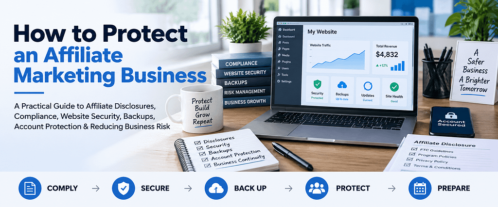 Affiliate marketing business protection strategy showing compliance, website security, backups, account protection, and risk management