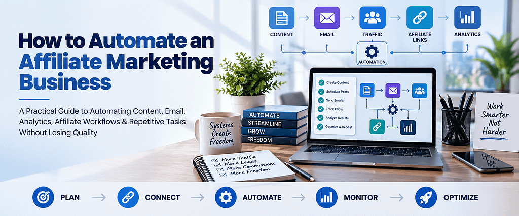 Affiliate marketing automation workflow showing content, email, traffic, affiliate links, analytics, and optimization