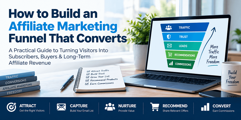 Affiliate marketing funnel showing traffic, trust, leads, recommendations, and commissions