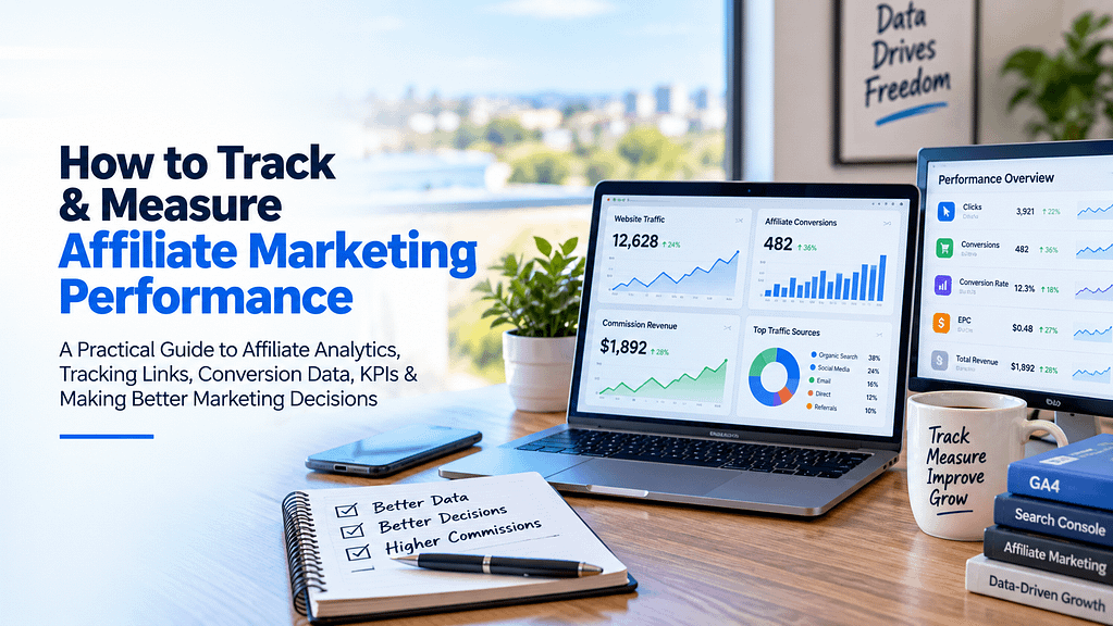 Affiliate marketing analytics dashboard showing traffic, clicks, conversions, commissions, and performance tracking