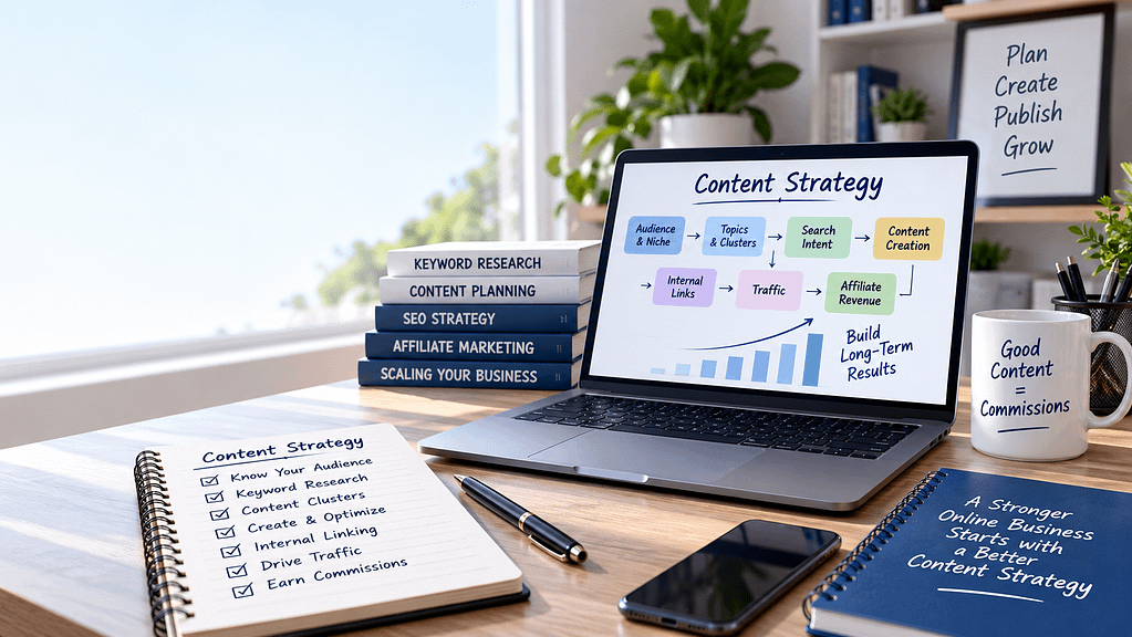 Affiliate content strategy workspace showing audience research, topic clusters, search intent, internal linking, traffic, and affiliate revenue planning