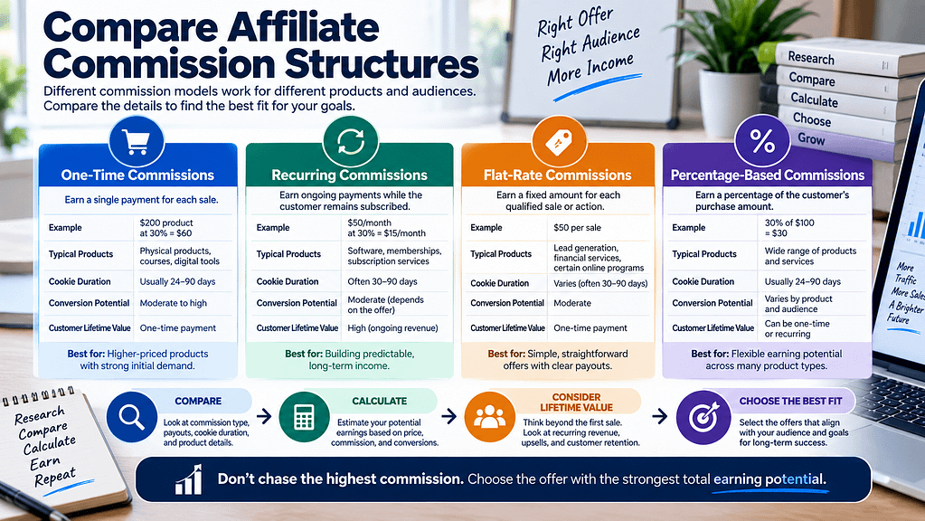 Affiliate commission structures comparing one-time, recurring, flat-rate, and percentage-based commissions