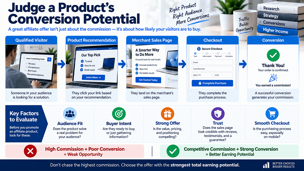 Affiliate product conversion funnel showing qualified visitors, recommendations, sales pages, checkout, and commissions