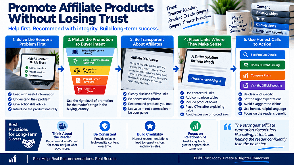 Affiliate product promotion strategy showing trust, buyer intent, disclosures, contextual links, and honest calls to action