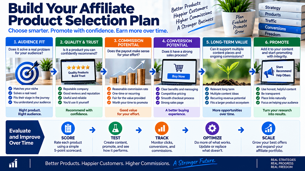 Affiliate product selection plan showing audience fit, product quality, commission potential, conversions, long-term value, and promotion