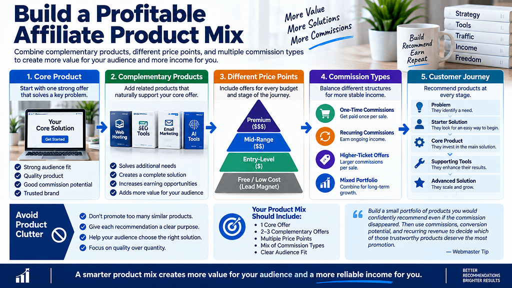 Affiliate product mix strategy showing complementary products, price points, commission types, and customer journey