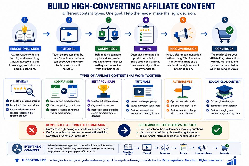 High-converting affiliate content journey from educational guides and tutorials to comparisons, reviews, recommendations, and conversions