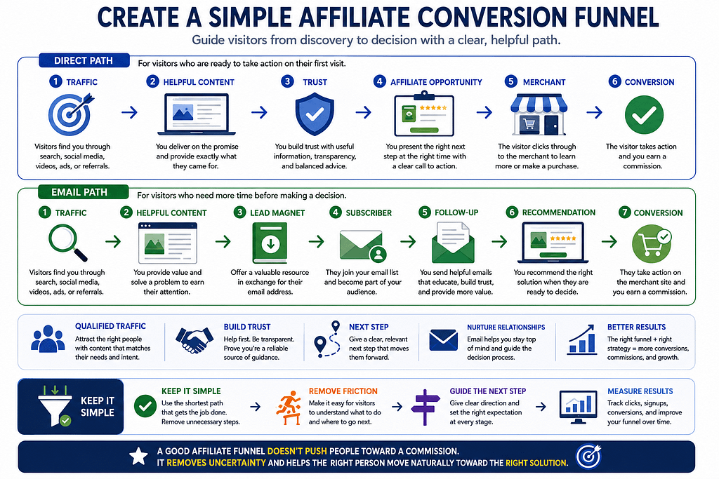 Simple affiliate conversion funnel showing direct and email paths from qualified traffic through helpful content, trust, recommendations, and conversions