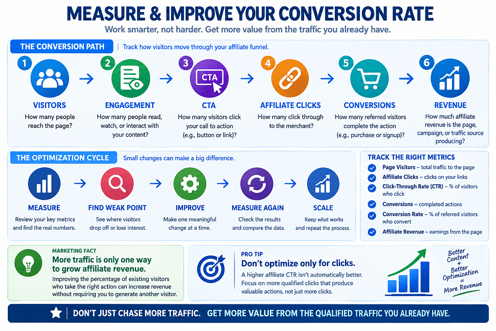 Affiliate conversion rate optimization process showing visitors, engagement, CTAs, affiliate clicks, conversions, revenue, and the measurement cycle