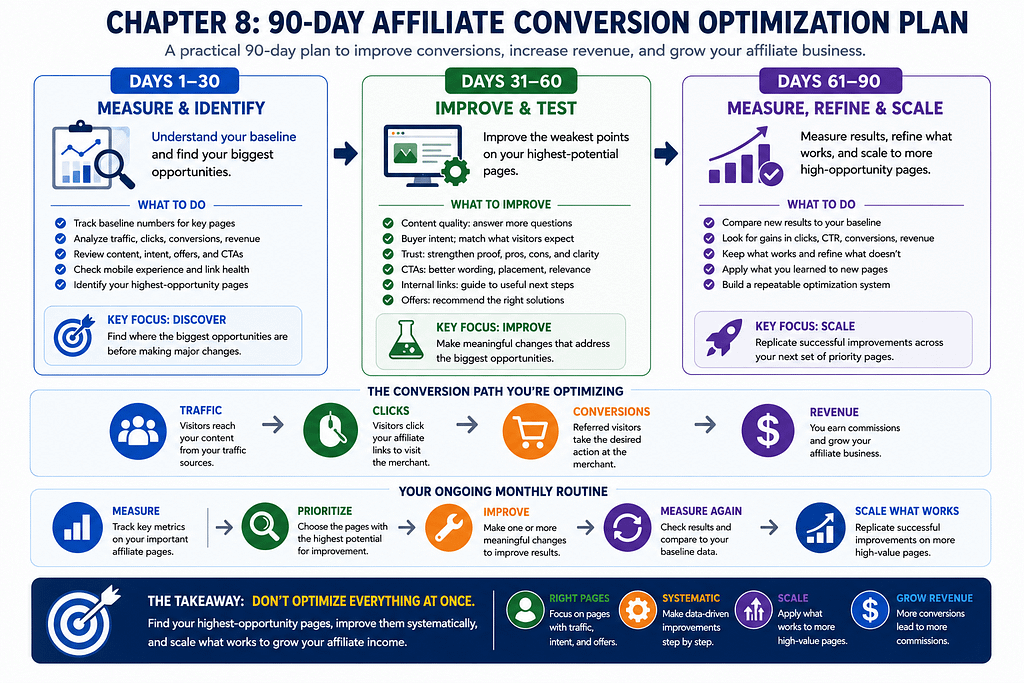 90-day affiliate conversion optimization plan showing how to measure, improve, test, refine, and scale affiliate conversions