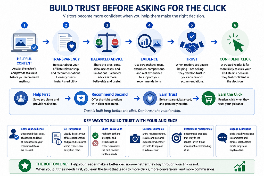 Affiliate marketing trust-building process from helpful content to confident affiliate clicks