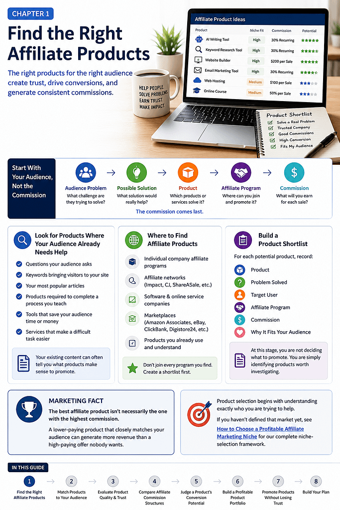 Finding the right affiliate products based on audience fit, product quality, and commission potential