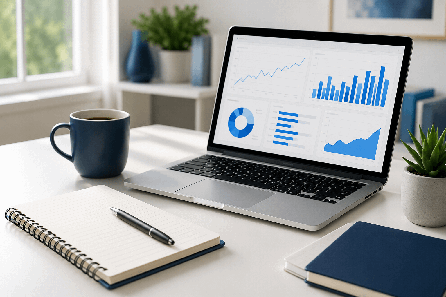Affiliate marketing workspace with analytics dashboard and planning notebook