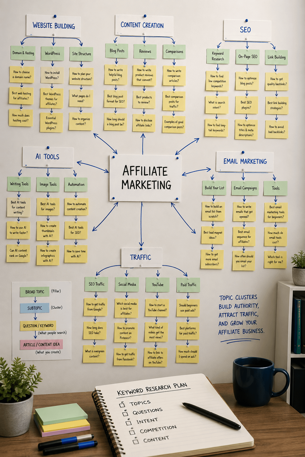 Affiliate marketing keyword research mind map showing website building, content creation, SEO, AI tools, email marketing, and traffic strategies