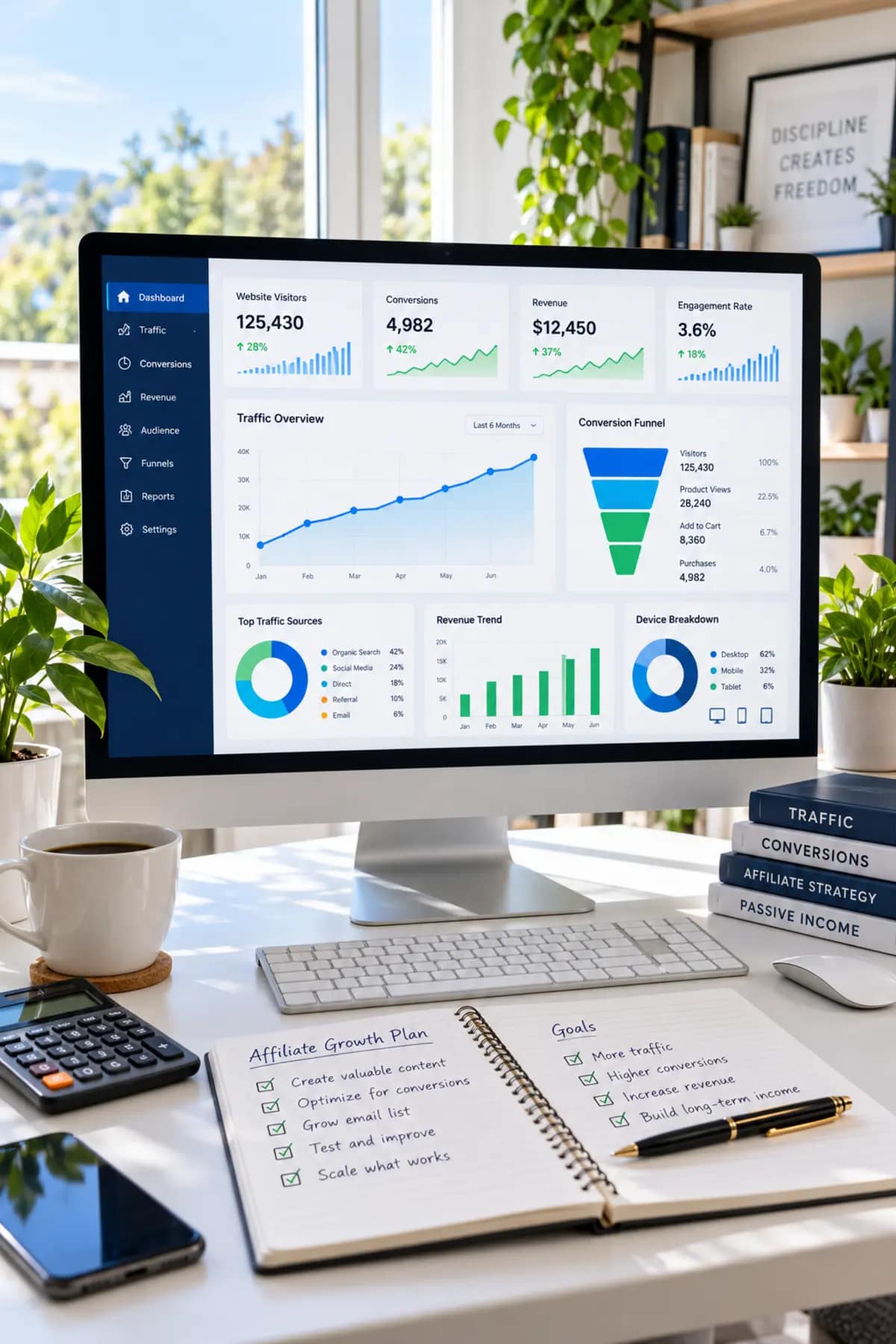 AI analytics dashboard for affiliate marketers showing traffic, conversions, revenue, engagement, and performance trends