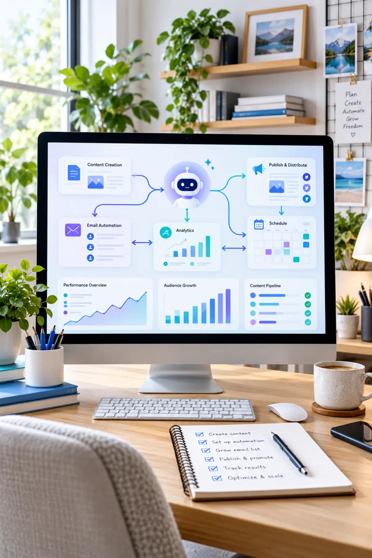 AI automation workflow for affiliate marketers connecting content creation, email, publishing, scheduling, and analytics