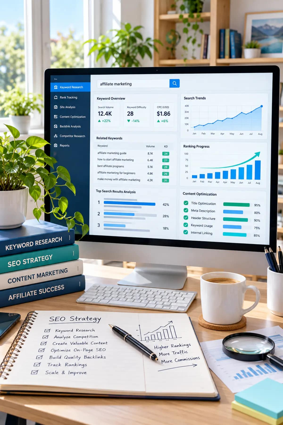 AI SEO and keyword research dashboard for affiliate marketers showing rankings, search trends, and content optimization